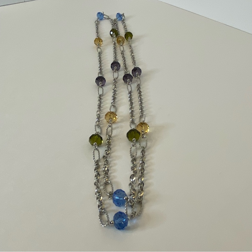 Vintage Long Necklace Faceted Glass Beads Blue Green Purple Amber Silver Tone